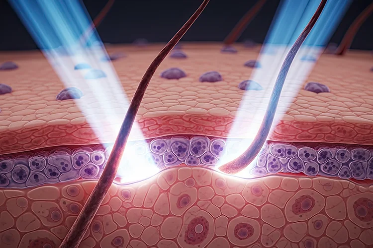 Schematische Darstellung von Haarfollikeln in der Kopfhaut mit Fokus auf die Haarwurzelstruktur