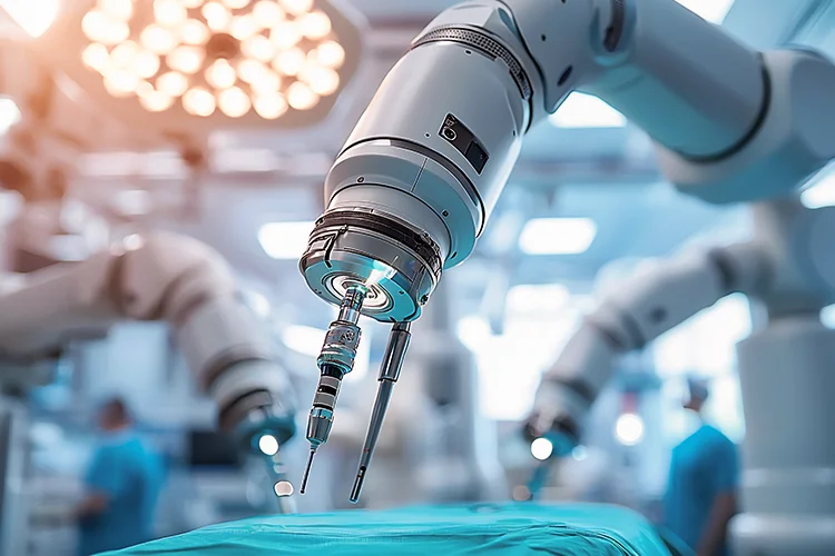 Roboterarm mit chirurgischem Instrument in einem modernen Operationssaal während eines medizinischen Eingriffs