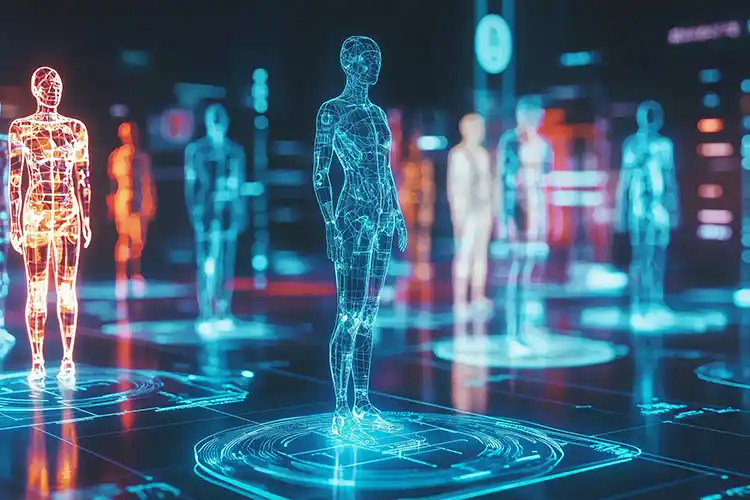 Menschen, holographisch dargestellt in einem Labor, Forschung zur personalisierten Medizin