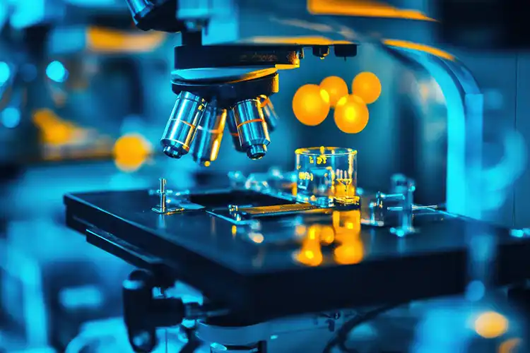 Ein Mikroskop in einem Labor bei Nacht in einer dunklen Atmosphäre