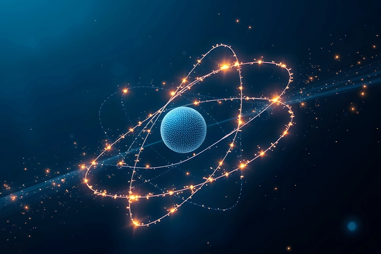 Subatomares Teilchen umgeben von Licht, vor einem dunklen Hintergrund