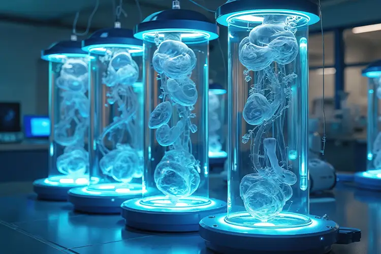 Futuristisches Labor mit Bioreaktoren und Zellkulturen – Darstellung moderner Forschung zur Zellvermehrung