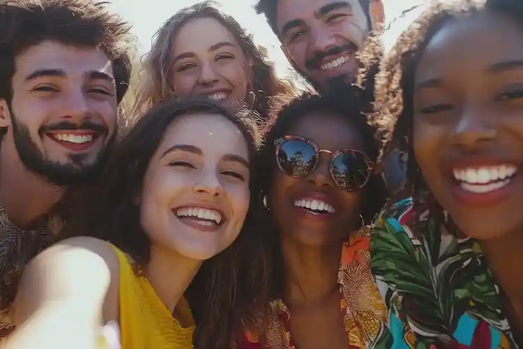 Gruppe von Männern und Frauen mit vollem Haar, die lächelnd zusammen posieren, symbolisieren Selbstbewusstsein und Attraktivität durch gesundes Haar