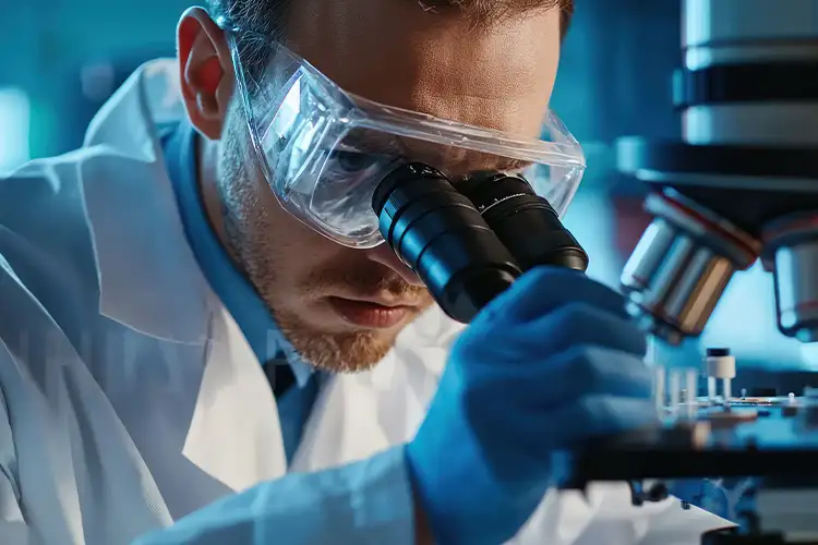 Wissenschaftler im Labor beim Arbeiten mit einem Mikroskop