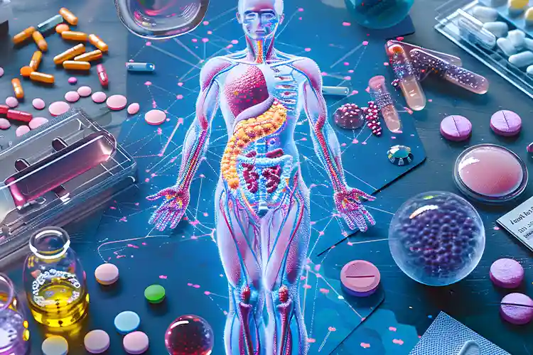 Darstellung verschiedener Behandlungsoptionen rund um einen holographischen menschlichen Körper – symbolisiert moderne Medizin und individualisierte Therapieansätze