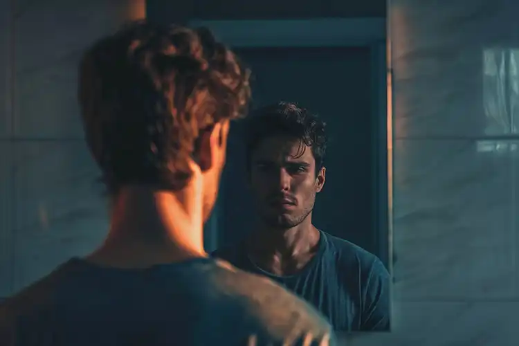 Ein Mann blickt bedrückt in den Spiegel – sein Spiegelbild wirkt unzufrieden und nachdenklich, Symbolbild für Selbstzweifel