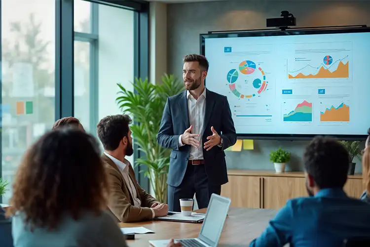 Ein selbstbewusster Mann hält eine Präsentation vor seinen Arbeitskollegen und wirkt souverän
