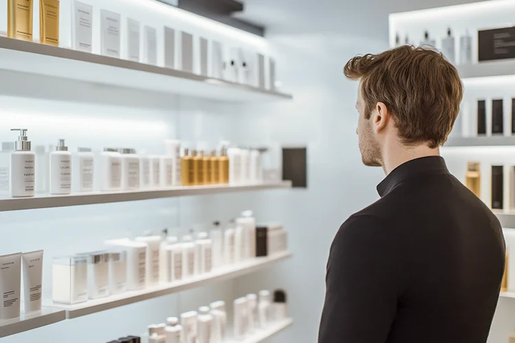 Ein Mann steht vor einem Regal voller Pflegeprodukte