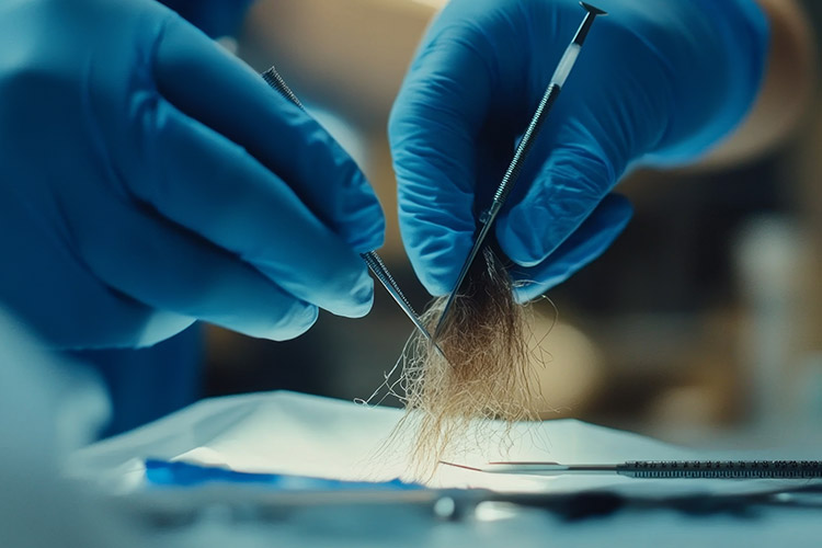 Hände mit Schutzhandschuhen halten im Labor eine Haarprobe mit einer Pinzette zur Analyse.