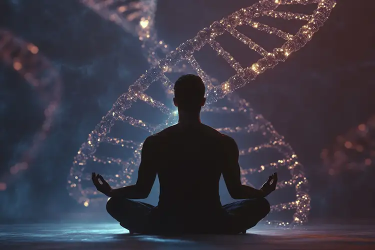 Ein Mann sitzt meditierend vor einer visualisierten DNA-Struktur – Sinnbild für den inneren Umgang mit genetischer Veranlagung und Selbstakzeptanz.