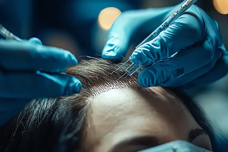 Darstellung einer Haartransplantation mit künstlichen Haarfollikeln – symbolisiert den möglichen Übergang von klassischen Verfahren in der Zukunft.