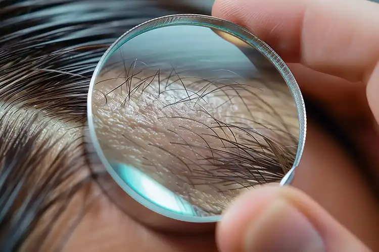 Nahaufnahme eines Haaransatzes unter der Lupe – veranschaulicht die Struktur von Haarfollikeln.