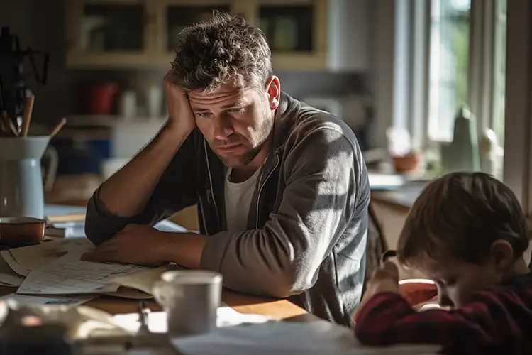 Ein junger Mann sitzt nachdenklich und berührt mit der Hand seinen Kopf– Ausdruck von Unsicherheit.