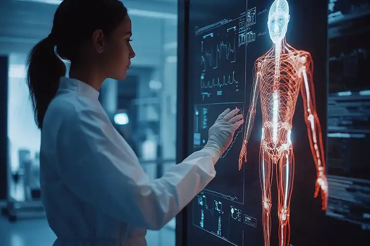 Wissenschaftlerin analysiert digitale Darstellung eines menschlichen Körpers auf einem Bildschirm