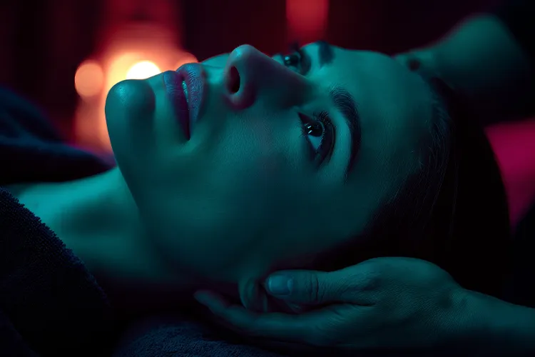 Frau liegt in dunkler Umgebung und blickt nachdenklich – steht für emotionale Belastung, innere Unruhe und mögliche psychosomatische Reaktionen