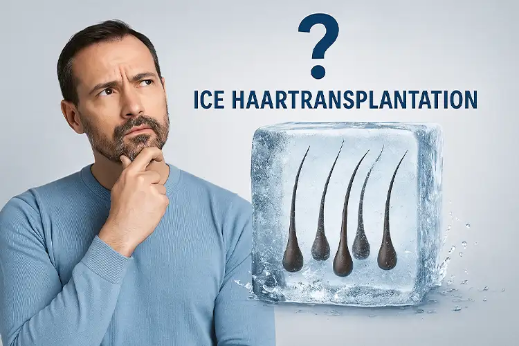Ein Mann blickt fragend zur Seite, während eingefrorene Haarfollikel und Eiswürfel im Bild schweben – symbolisiert die Verunsicherung rund um die Ice Haartransplantation