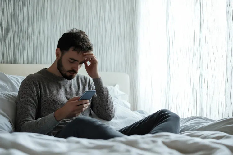 Mann liegt nachdenklich im Bett und schaut bedrückt auf sein Handy – symbolisiert innere Anspannung, Selbstzweifel und die emotionale Belastung