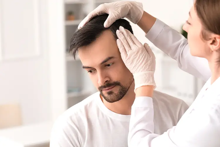 Nachdenklicher Mann bei der ärztlichen Untersuchung von Haaren und Kopfhaut – symbolisiert die Auseinandersetzung mit Haarausfall und den Wunsch nach medizinischer Klärung