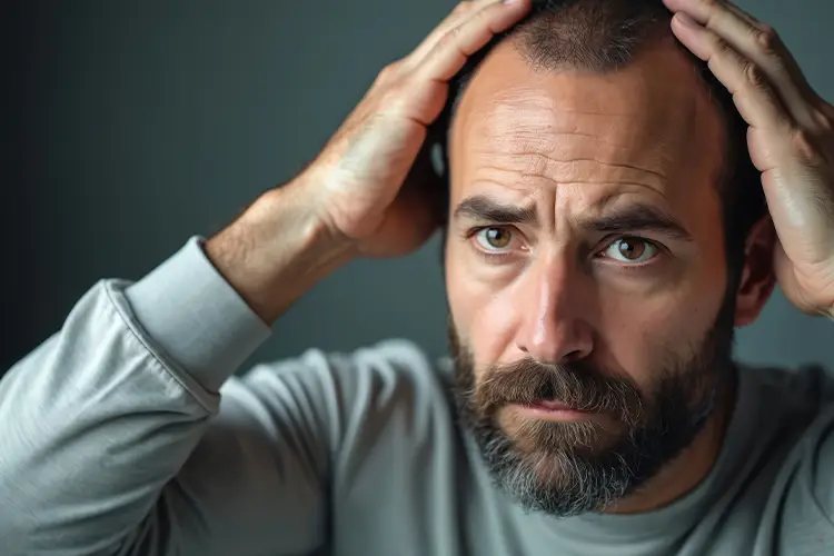 Besorgter Mann betrachtet sein lichtes Haar – steht für die sichtbaren Folgen von Haarausfall und die damit verbundene emotionale Verunsicherung