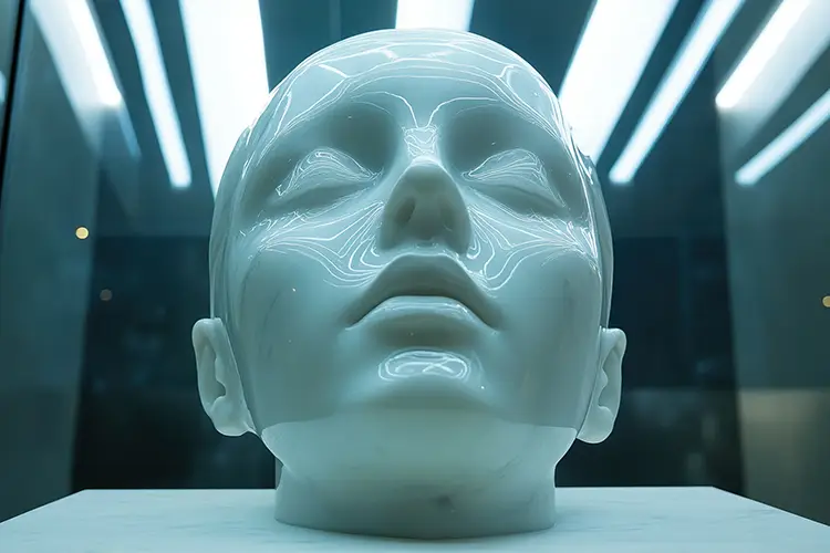 Porzellanfigur eines menschlichen Kopfes mit geschlossenen Augen – symbolisiert den gesellschaftlichen Druck zur Perfektion und die Zerbrechlichkeit des Selbstbildes.