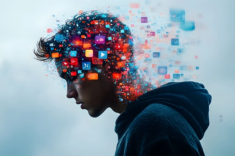 Ein junger Mann mit holographischen Symbolen sozialer Medien rund um den Kopf – steht für den Einfluss digitaler Ideale, Schönheitsdruck und Desinformation.