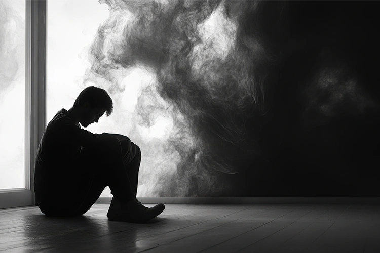 Ein Mann sitzt auf dem Boden in düsterer Atmosphäre, umgeben von Schatten und Rauch – symbolisiert innere Zerrissenheit, psychische Belastung oder die dunklen Seiten persönlicher Krisen.