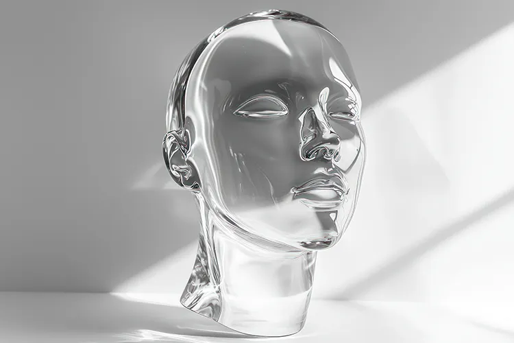 Transparente Darstellung eines menschlichen Kopfes aus Glas – symbolisiert die Offenlegung innerer Zustände.