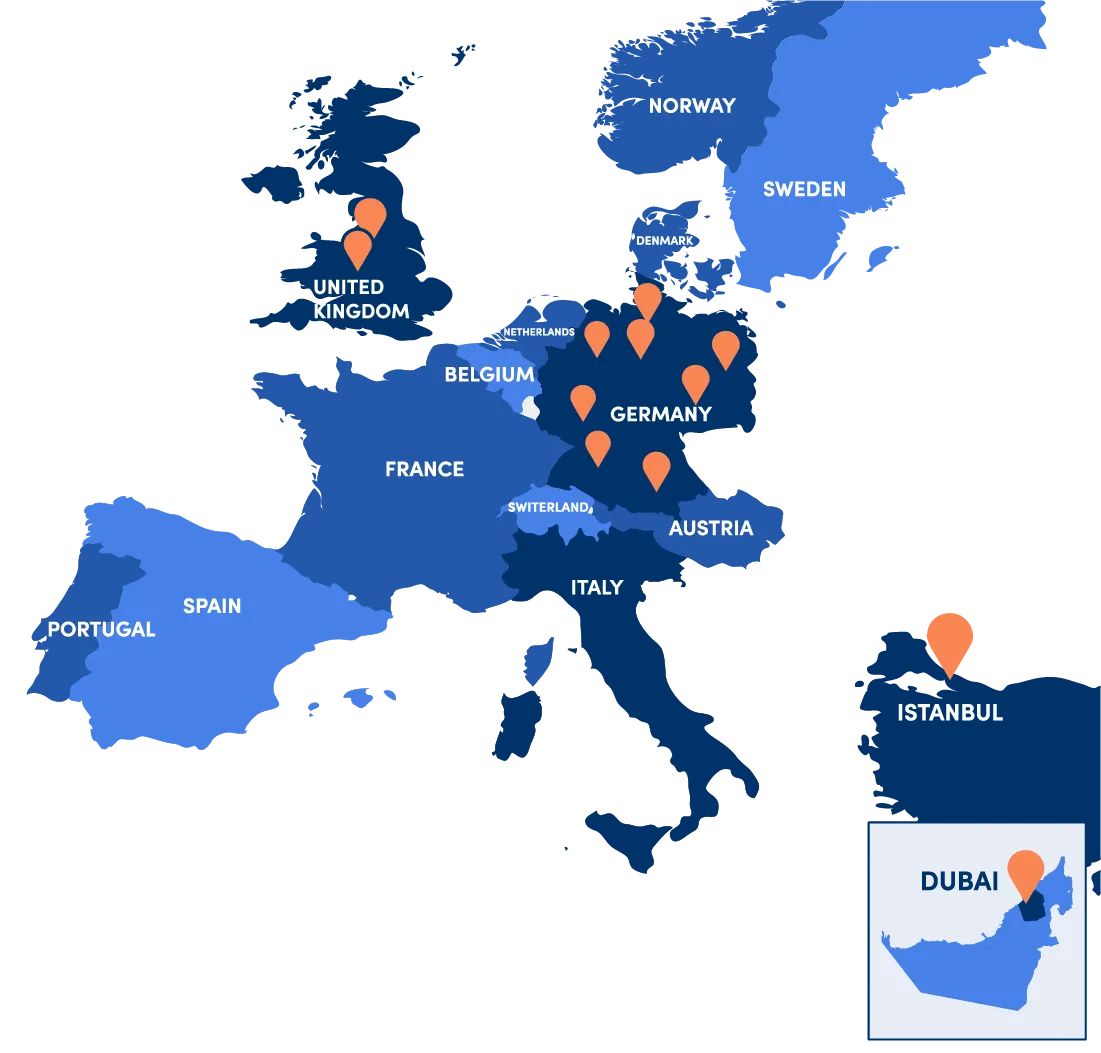 Bild zeigt, eine Weltkarte der europäischen Städte, in denen Elithair-Kliniken und Anlaufstellen vorhanden sind