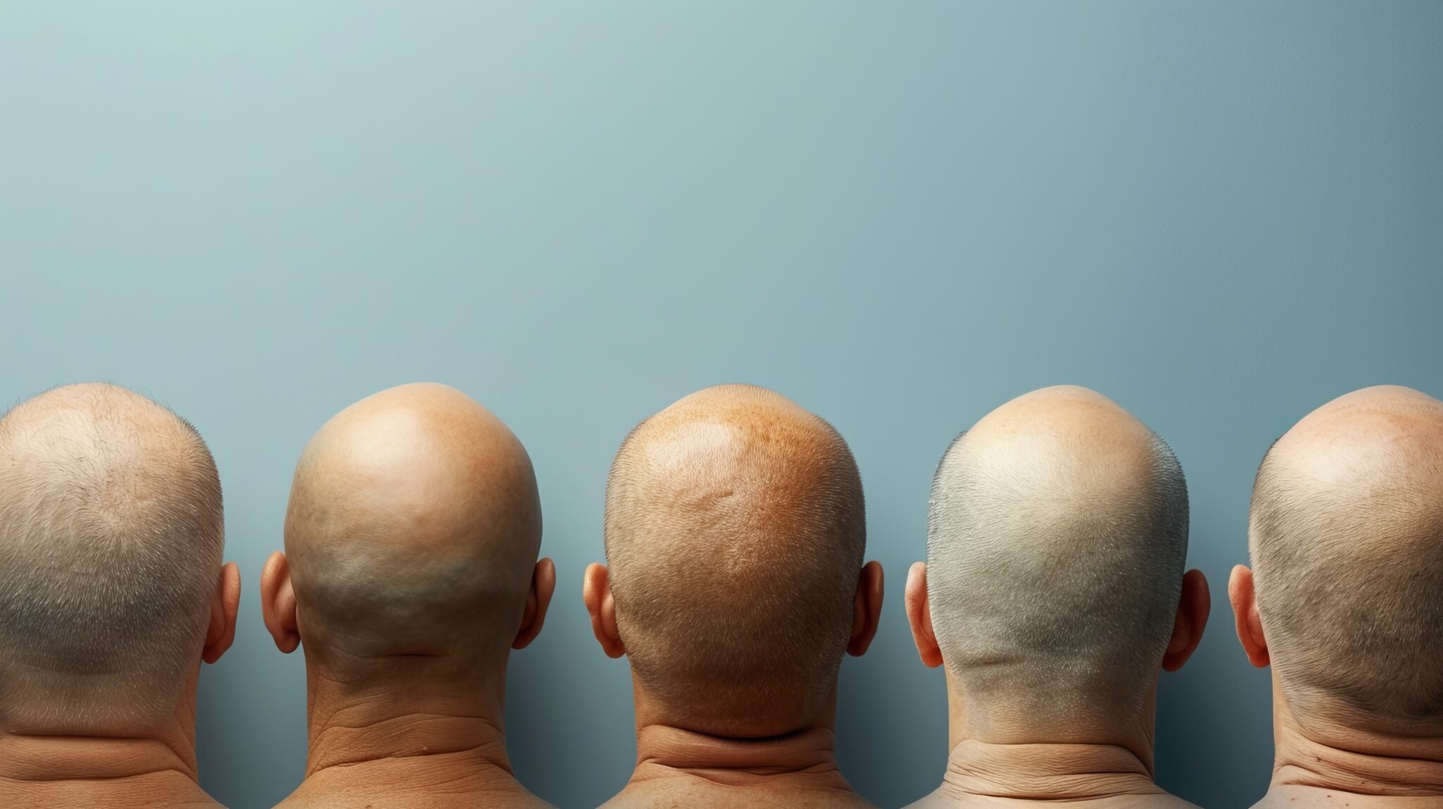 Fünf Männer mit kahlem Hinterkopf nebeneinander – Symbolbild für Haarausfall.