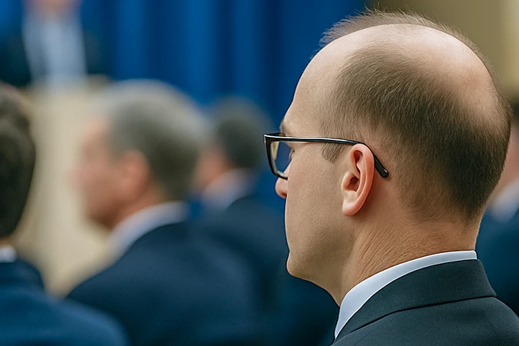 Symbolbild bei einer Konferenz: Ein Mann im Anzug mit sichtbar lichter werdendem Haar von der Seite – stellvertretend für öffentliche Persönlichkeiten mit Haarausfall.