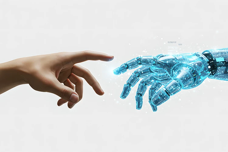 Symbolbild für Mensch-Maschine-Interaktion: Eine menschliche Hand und eine digitale Roboterhand berühren sich fast an den Fingerspitzen