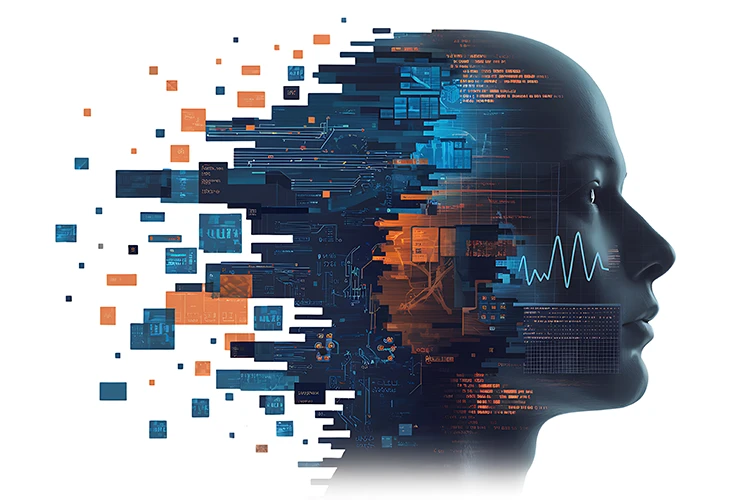 Digitale Darstellung eines menschlichen Kopfes, der sich aufzulösen scheint – symbolisiert die Verschmelzung von Mensch und Technologie.