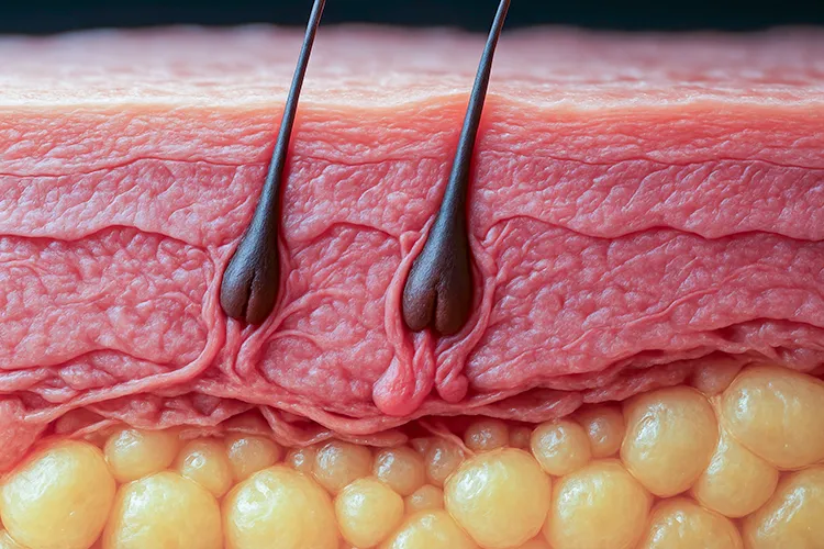 Detailaufnahme eines Haarfollikels im Querschnitt durch die Kopfhaut