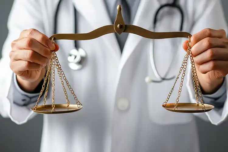 Arzt im weißen Kittel hält eine Waage in der Hand – symbolisches Bild für das Gleichgewicht zwischen Gesundheit und medizinischer Verantwortung.