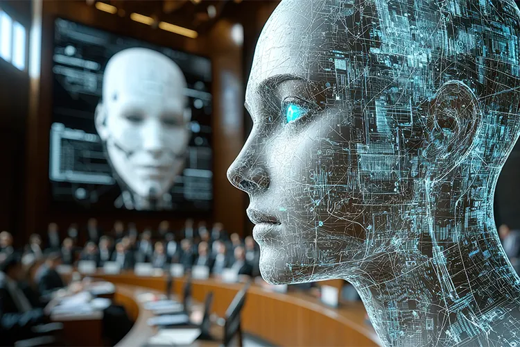 Robotergestützter Kopf mit sichtbaren digitalen Verbindungen, im Kontext einer Versammlung.