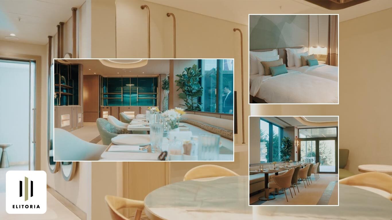 Bild zeigt eine Collage von der Innenansicht der Zimmer, der Lobby und des Buffetraums vom Elitoria Hotel in Istanbul