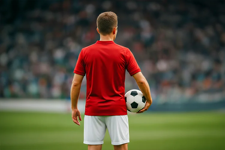 Fußballspieler steht auf dem Spielfeld mit einem Ball in der Hand