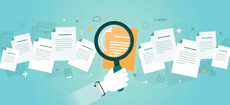 Illustration einer Hand mit Lupe, die zwischen vielen Dokumenten eins hervorhebt