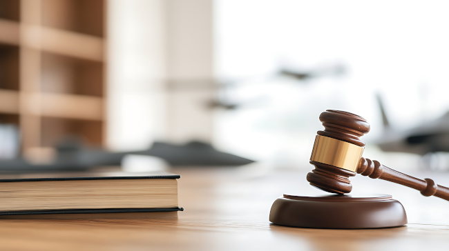 Holzhammer eines Richters neben einem Gesetzbuch auf einem Tisch