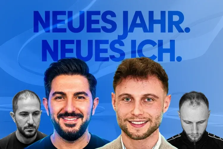 Bild zeigt zwei Elithair Patienten im Vorher-Nachher Vergleich mit dem Neujahreskampagnen Slogan