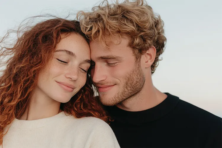 Ein Paar in inniger Umarmung mit Stirn an Stirn.