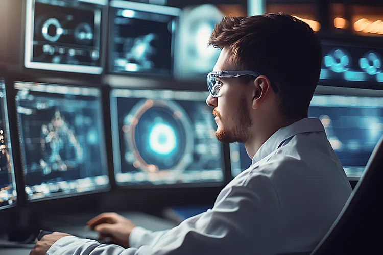 Medizinischer Experte arbeitet an mehreren Bildschirmen mit digitalen Analyse- und Visualisierungstools.