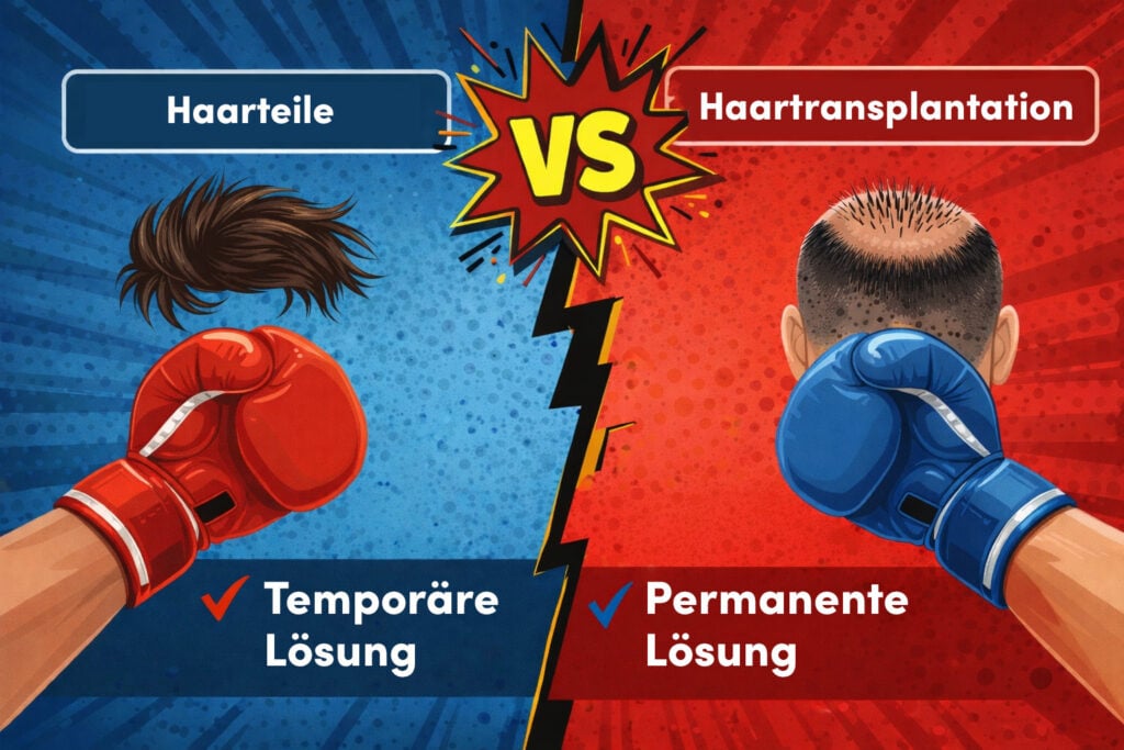 Geteilte Darstellung in Blau und Rot: Haarteil und Haartransplantation im Vergleich – temporäre Lösung gegenüber dauerhafter Behandlung