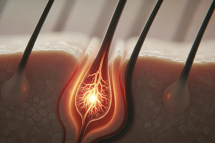 Schematische Darstellung eines Haarfollikels in der Kopfhaut mit hervorgehobener innerer Zellaktivität und Nährstoffversorgung