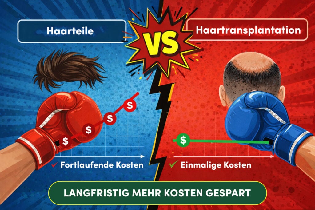 Grafik zum Kostenvergleich von Haarteilen und Haartransplantation – steigende Folgekosten versus dauerhafte Lösung