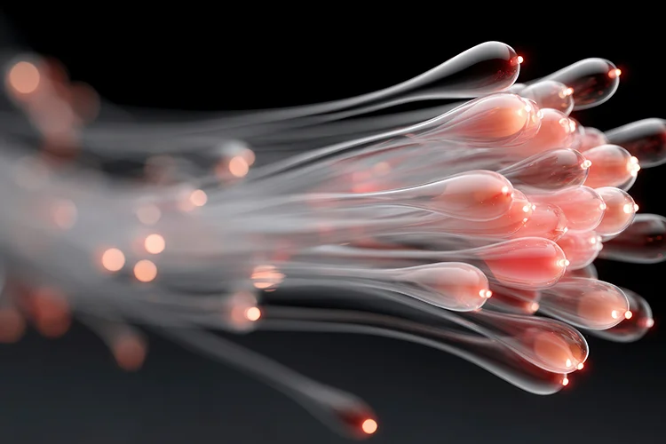 Abstrakte Darstellung von Zellstrukturen mit visualisierten Signal- und Kommunikationswegen