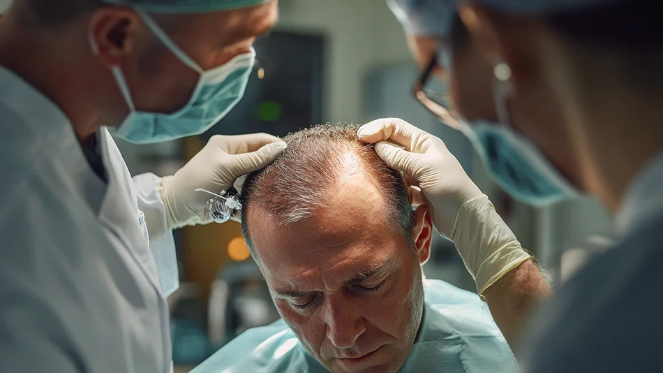 Zwei Ärzte untersuchen die Kopfhaut eines Patienten