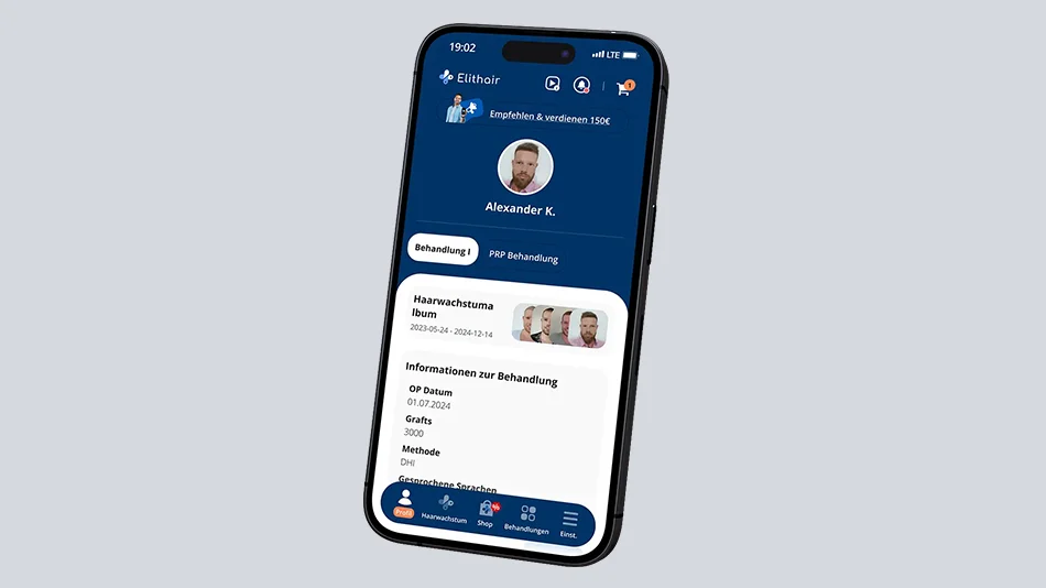 Der Startbildschirm der Elithair App für die Haartansplantation