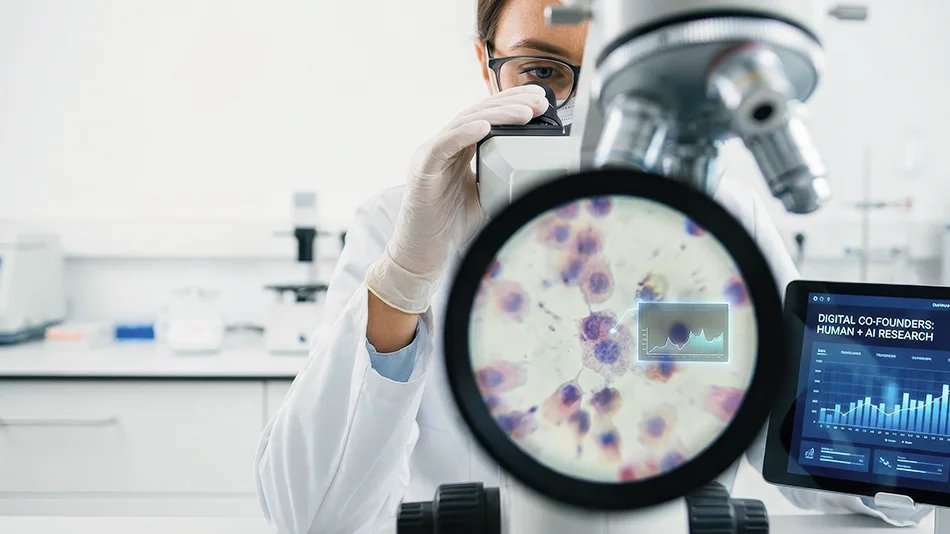 Wissenschaftlerin analysiert Zellstrukturen unter dem Mikroskop