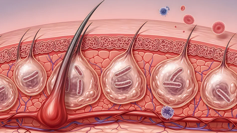 Medizinische Illustration von Haarfollikeln und Zellstrukturen in der Kopfhaut – Darstellung von Prozessen der Zellkommunikation